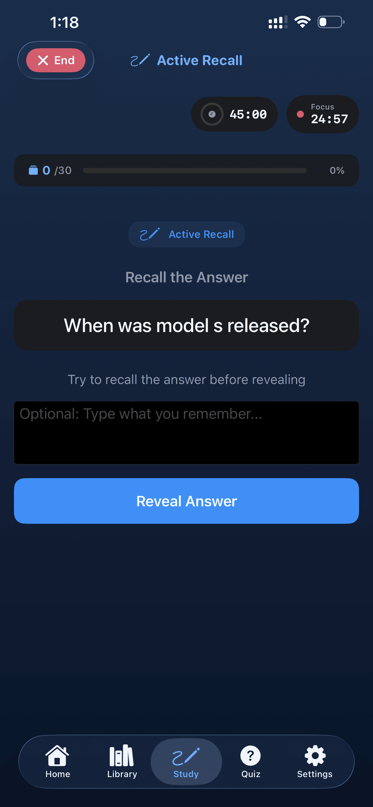 NoteFren Active Recall screen